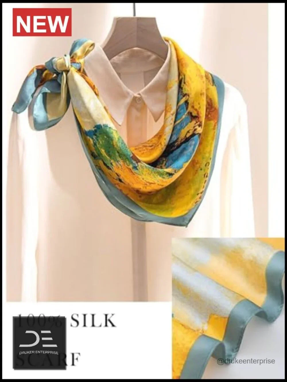 100% Mulberry Silk Lightweight Square Neckerchief Wrap Head Scarf 21